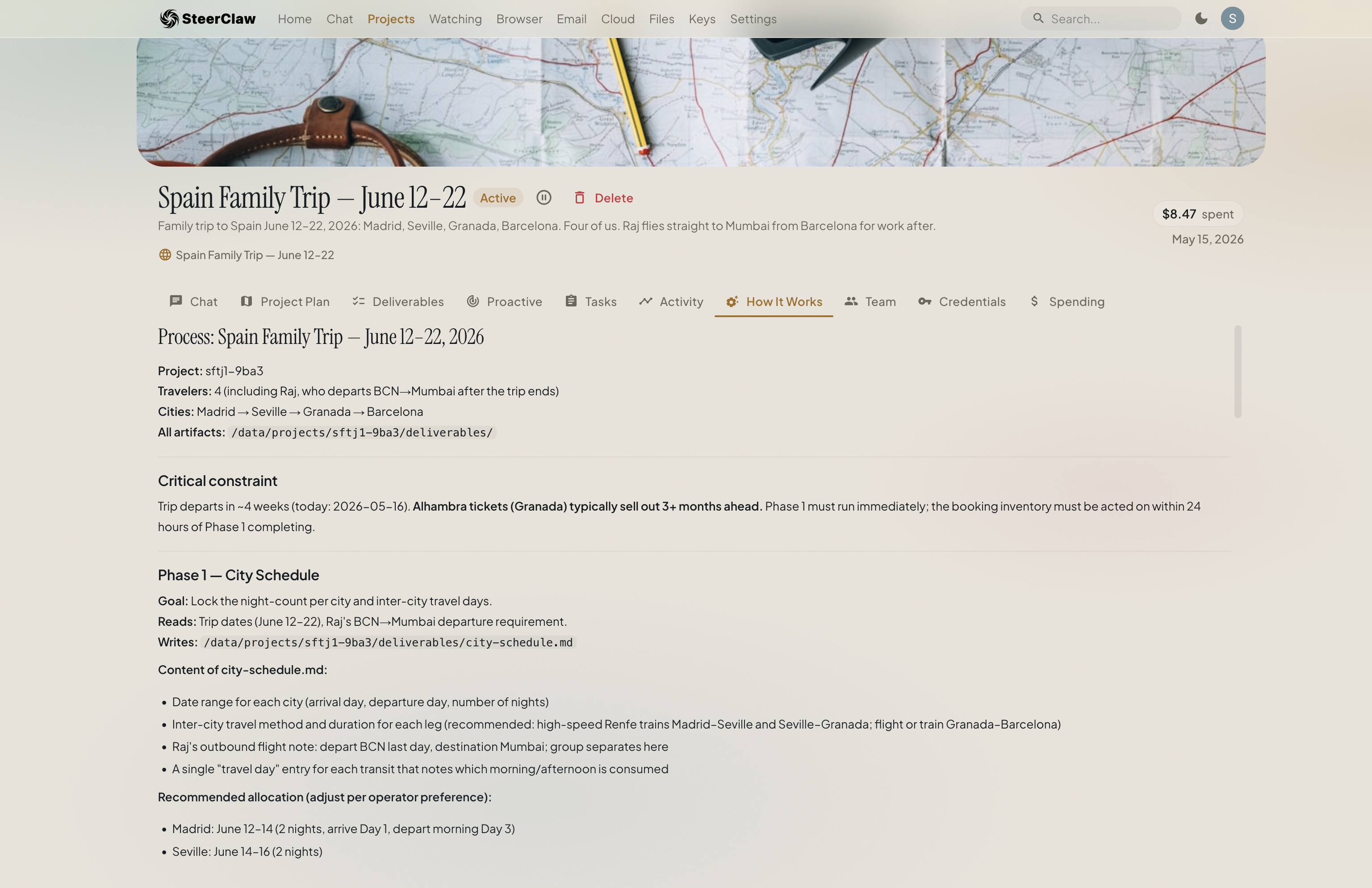 Spain Family Trip project: How It Works tab — process the agent designed, with roles, phases, formats, and critical constraints