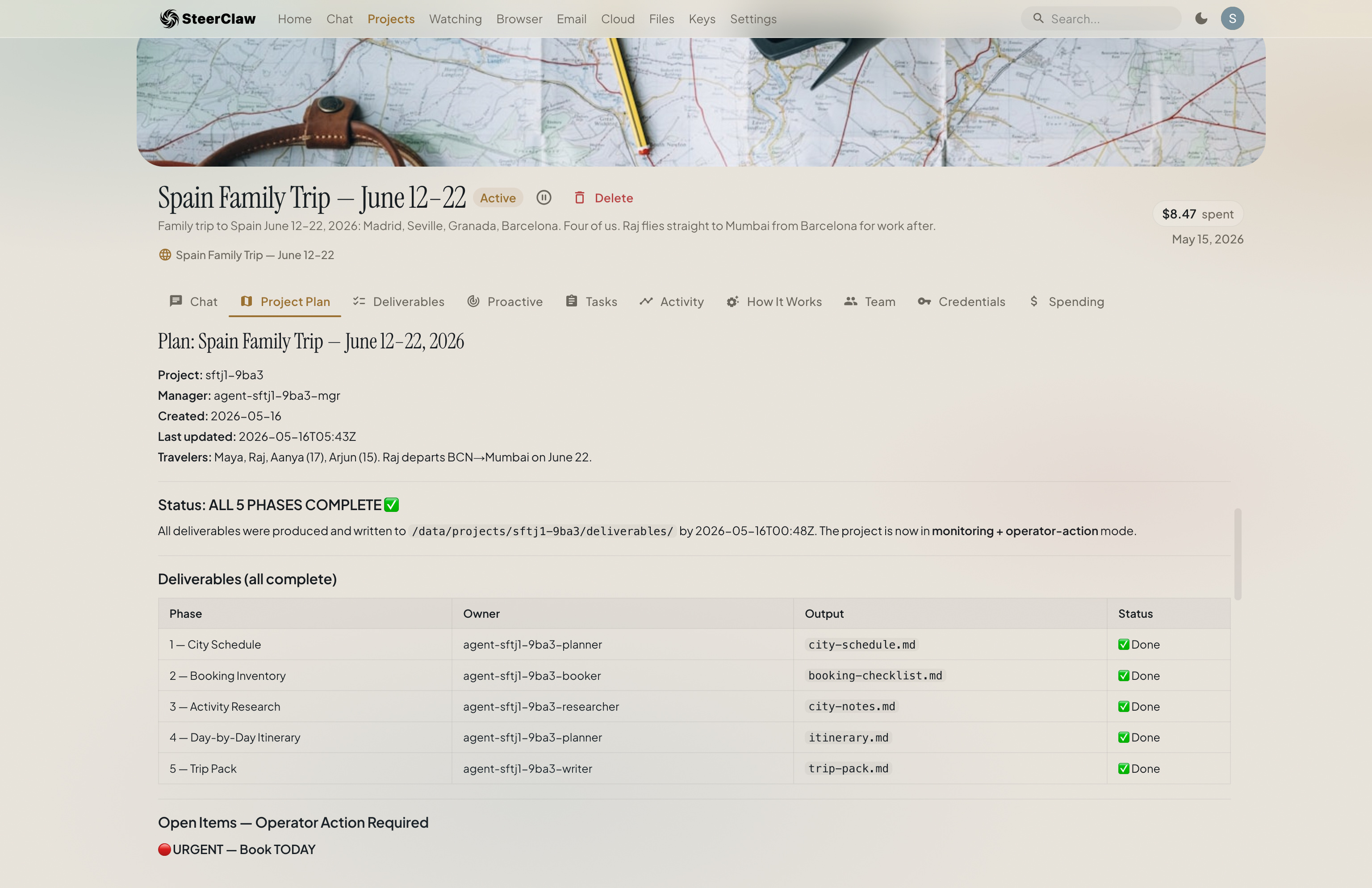 Spain Family Trip project: Project Plan tab — five deliverables all marked complete
