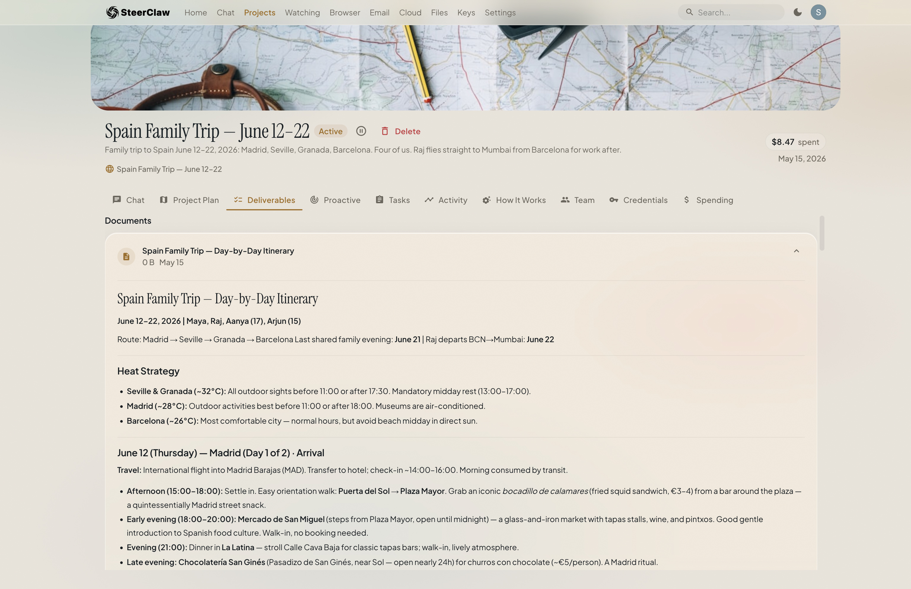 Spain Family Trip project: Deliverables tab — the Day-by-Day Itinerary the agent produced, with route, heat strategy, and detailed daily schedule