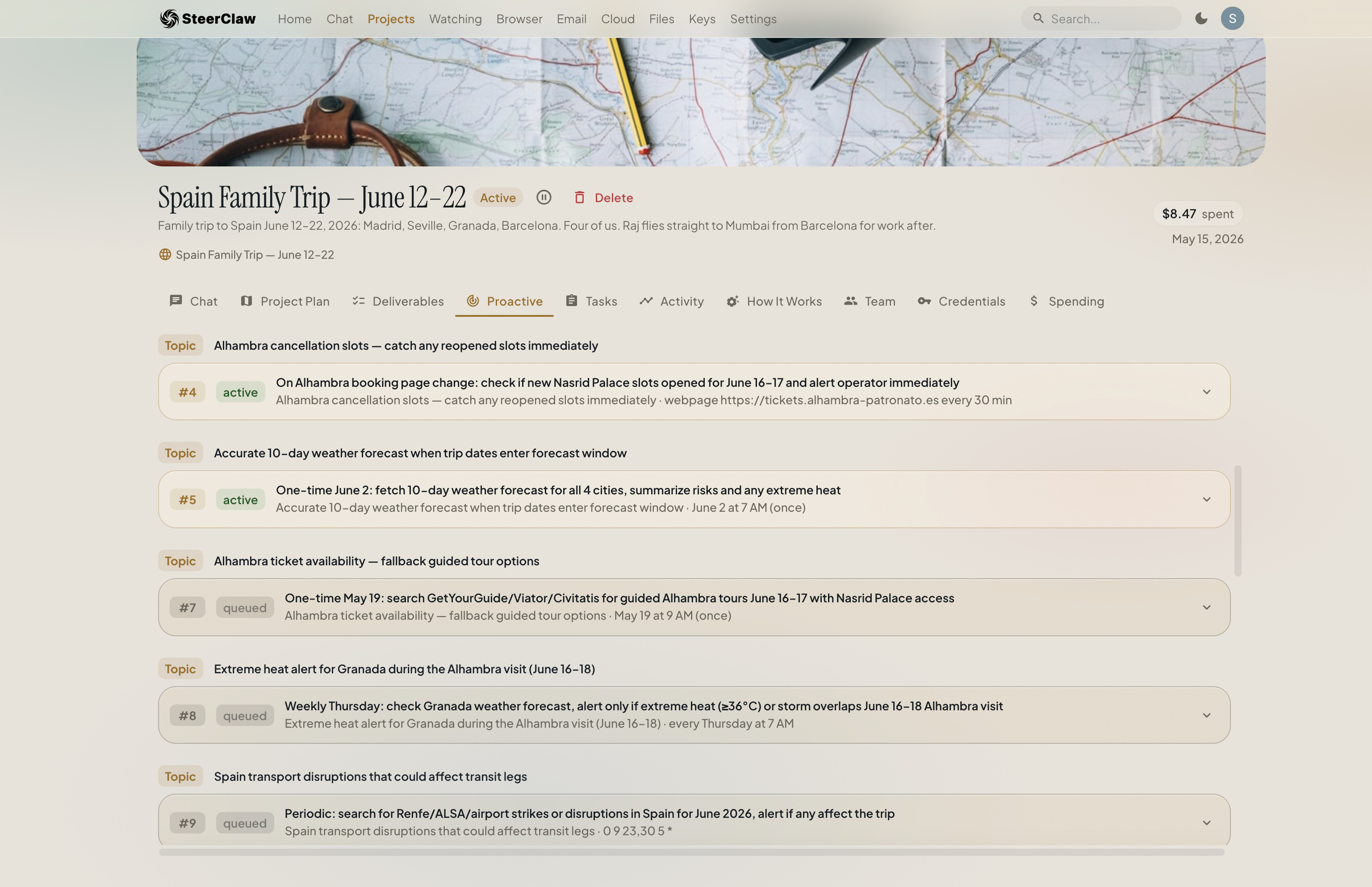 Spain Family Trip project: Proactive tab — watchers the agent set up for Alhambra cancellation slots, weather forecast, heat alerts, and transport disruptions