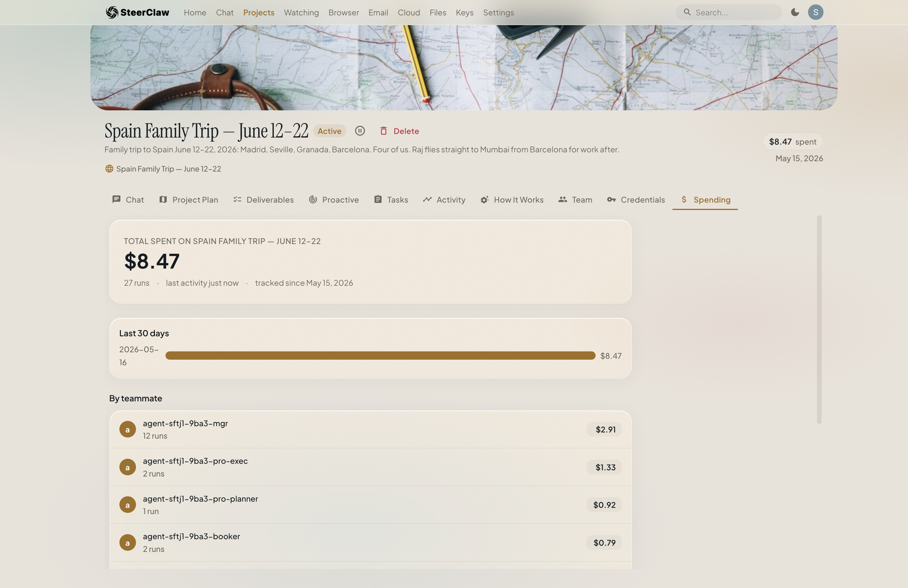 Spain Family Trip project: Spending tab — $8.47 total spent on the project, broken down by team member