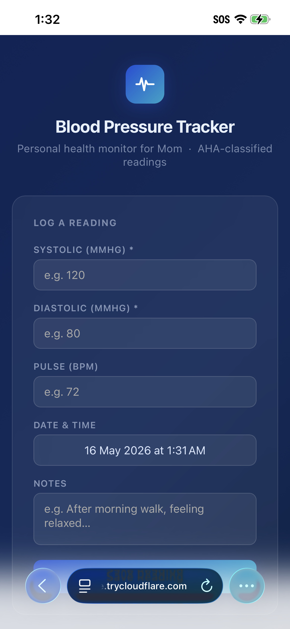 The Blood Pressure Tracker app running on Mom's phone — a clean form to log Systolic, Diastolic, Pulse, Date & Time, and Notes; the live trycloudflare.com URL visible in the browser bar