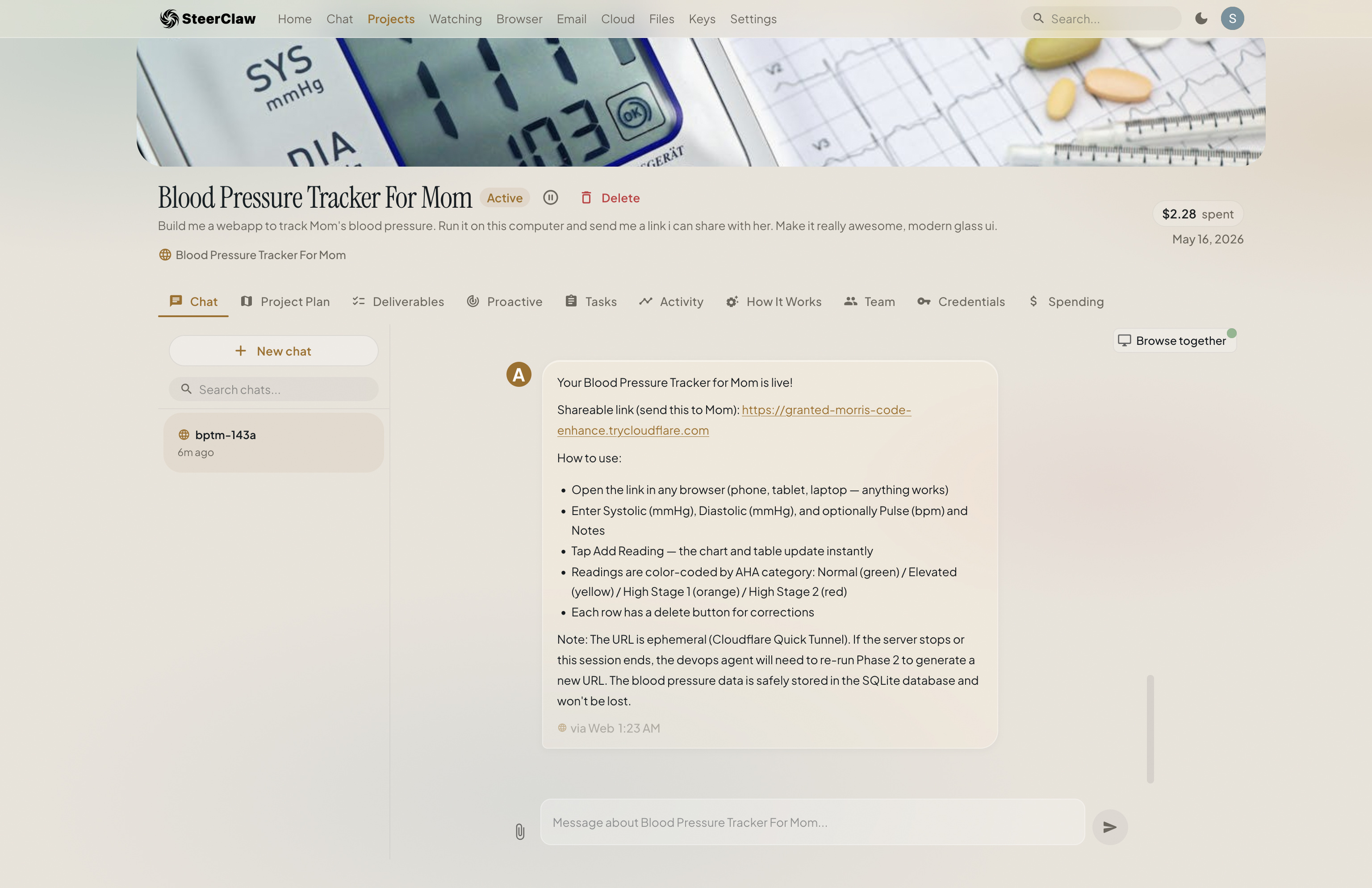 A Steer Claw project page titled 'Blood Pressure Tracker For Mom' — the operator asked for a webapp, the agent built and deployed it, and handed back a shareable link
