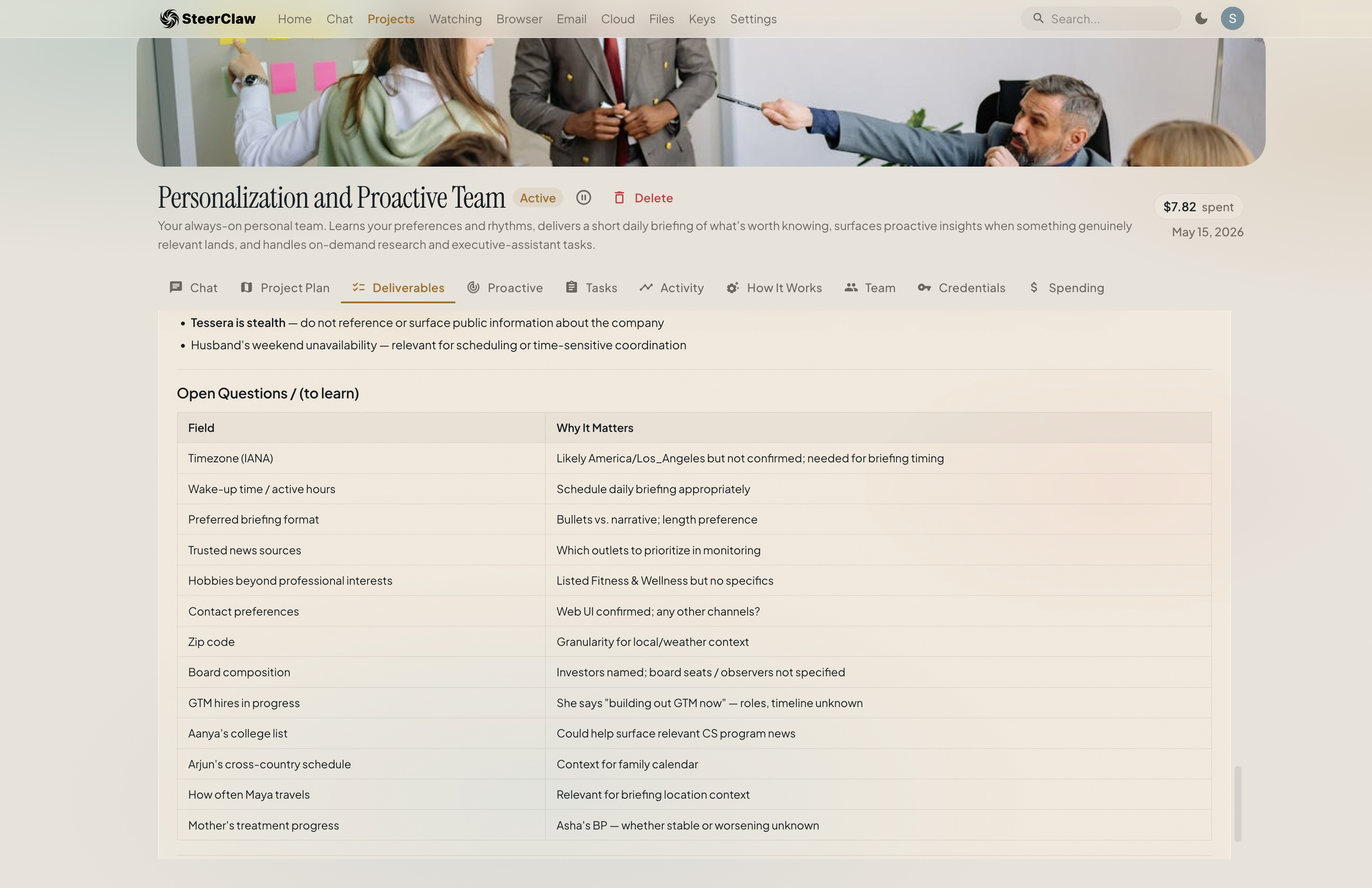 The Personalization and Proactive Team page — a dedicated team continuously learning the operator's routines, family situation, work priorities, and life context: timezone, briefing format, trusted news sources, hobbies, board composition, the kids' schedules, even a parent's treatment progress