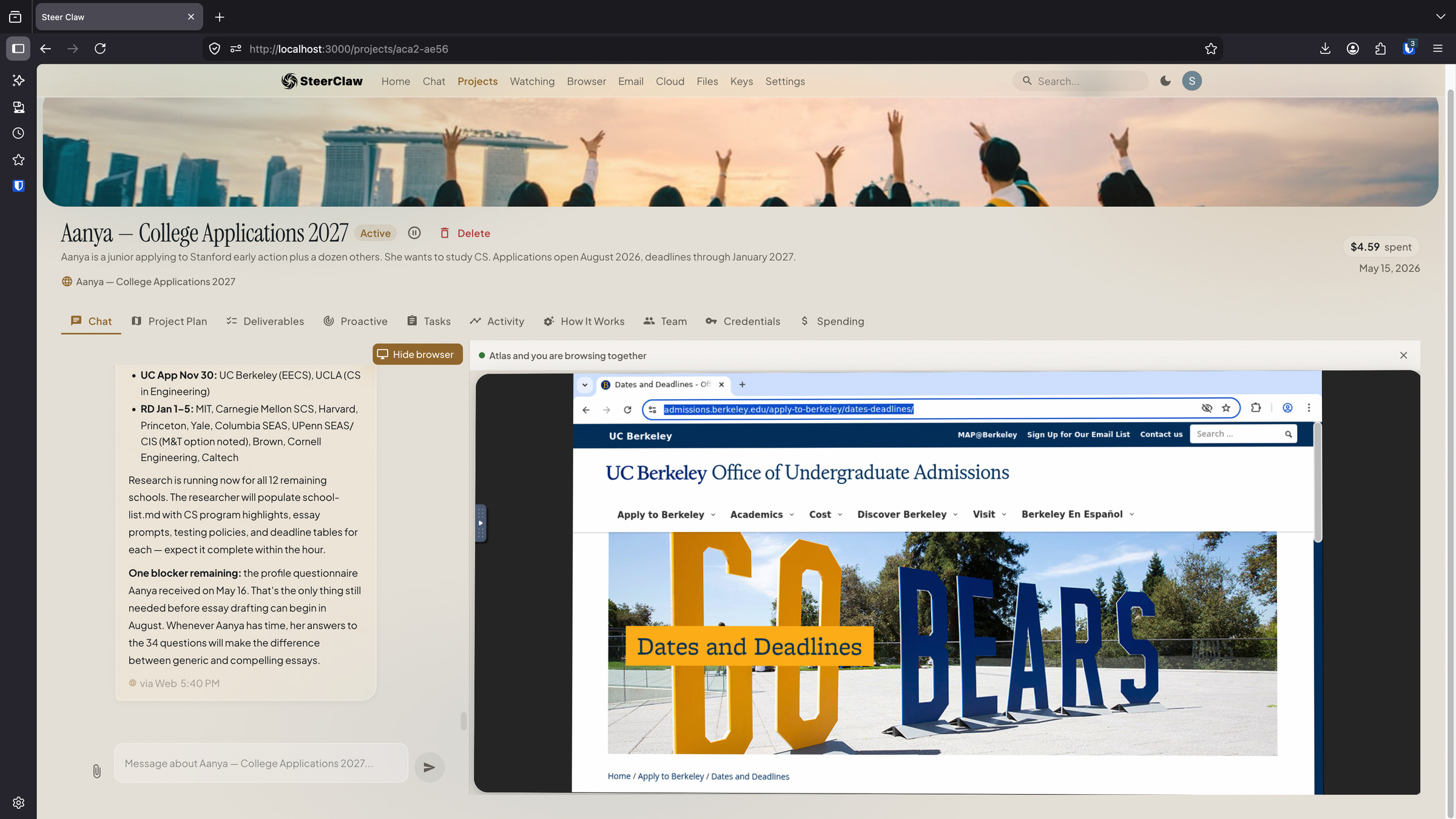 A project page in Steer Claw with the agent's chat on the left and a live shared browser on the right, on the UC Berkeley admissions site while researching Aanya's college applications