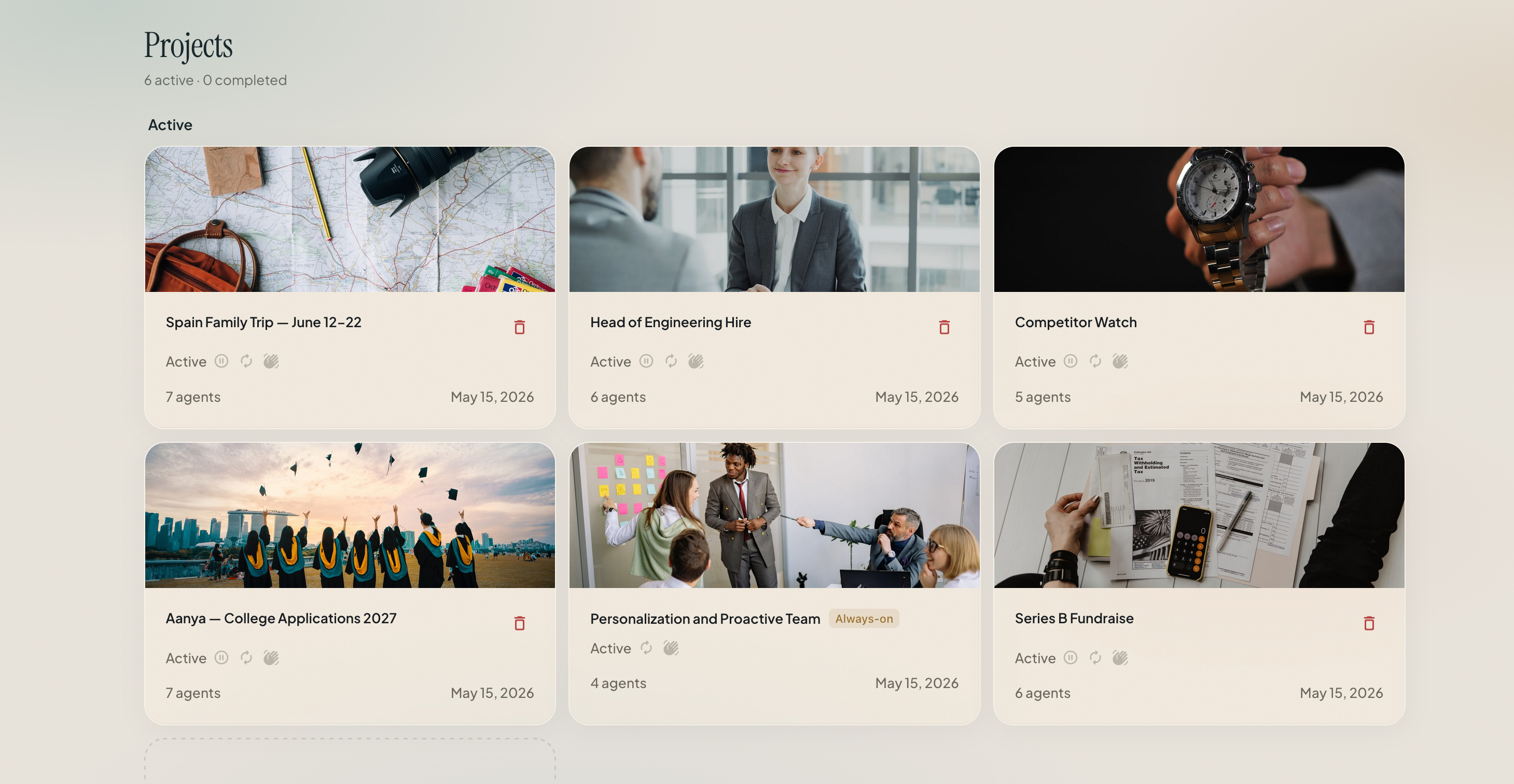 Steer Claw projects page showing six active projects: Spain Family Trip, Head of Engineering Hire, Competitor Watch, Aanya College Applications 2027, Personalization and Proactive Team, Series B Fundraise