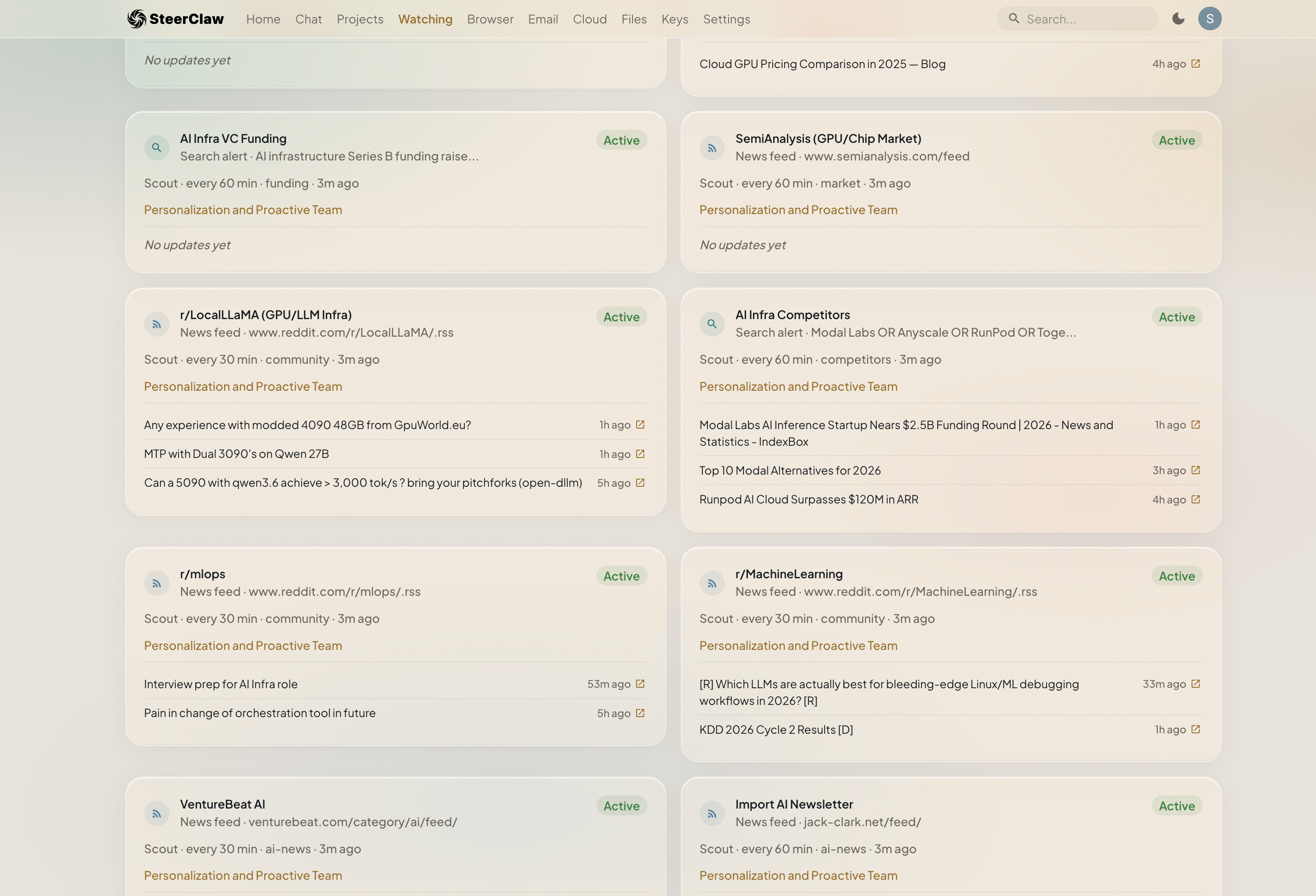 The Watching page in Steer Claw with feeds the agent set up automatically — a16z VC funding, SemiAnalysis GPU/Chip market, r/LocalLLaMA, competitor pricing, news feeds, all being continuously monitored